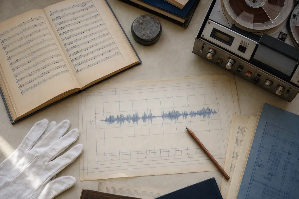 An archival workbench with an open choral score, reel-to-reel tape deck, gloves, pencil, and a waveform drawn on tracing paper